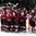 MINSK, BELARUS - MAY 10: Latvian players celebrate after a 3-2 preliminary round win over Finland at the 2014 IIHF Ice Hockey World Championship. (Photo by Andre Ringuette/HHOF-IIHF Images)

